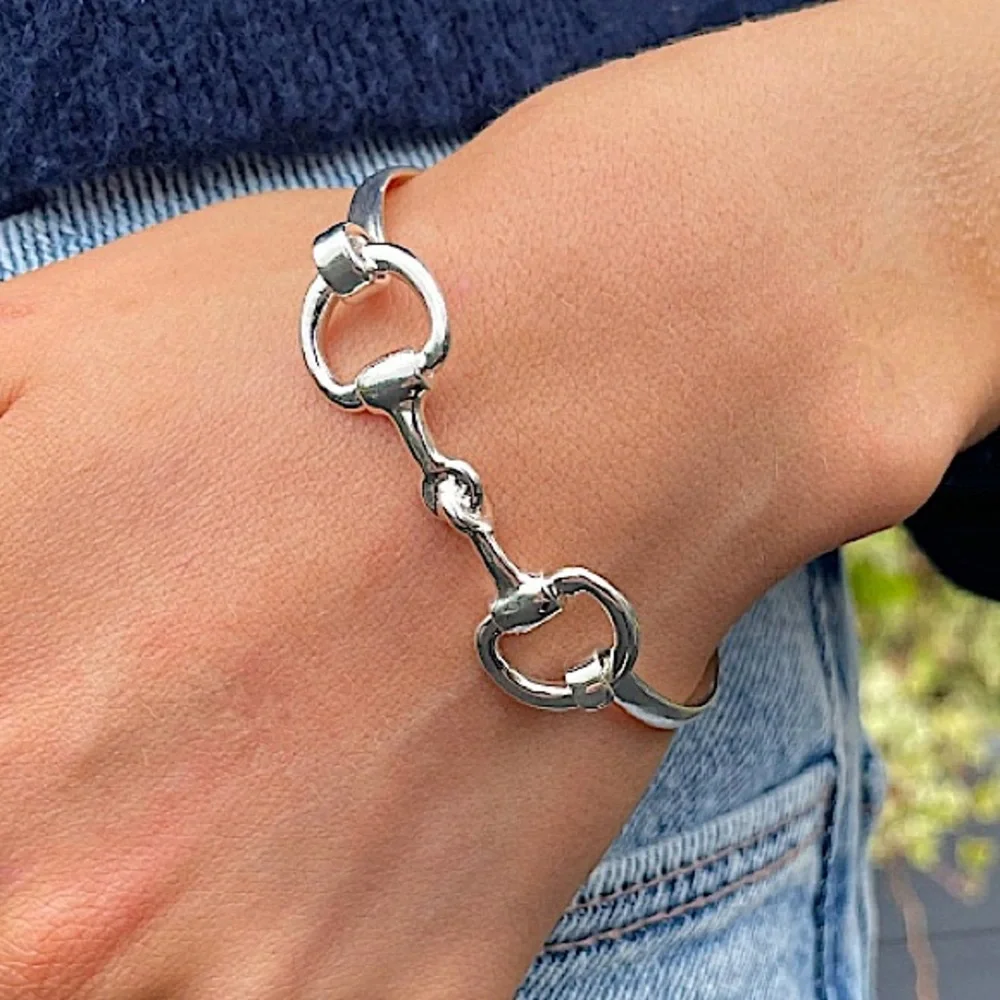 Sterling Silver HorseBit Design Unisex Bangle Bracelet - Picture 4 of 11